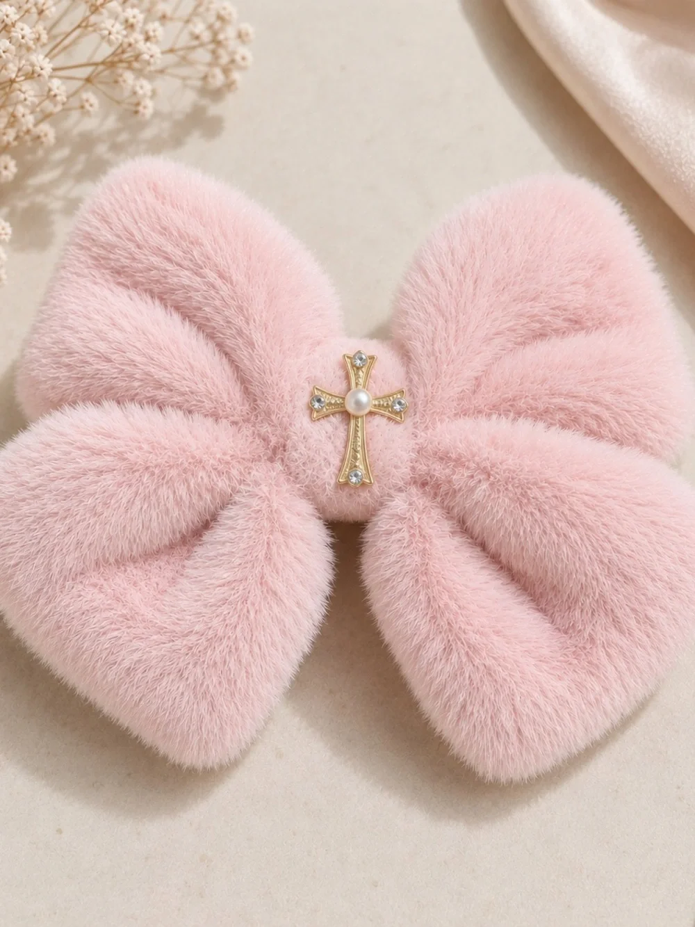 Plush Pink Bow Hair Clip with Gold Cross Accent